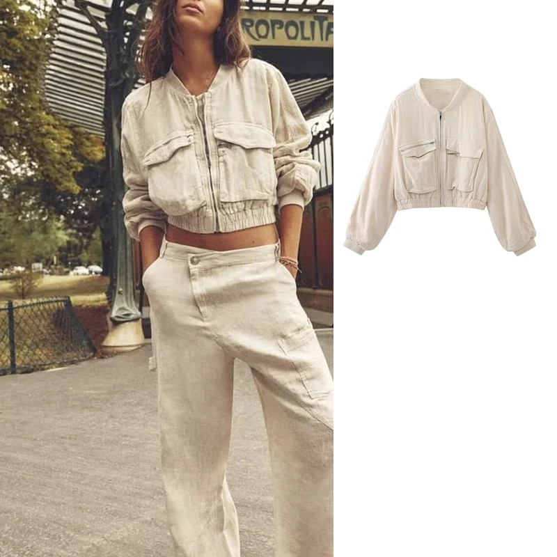 

TRAF Woman Bomber Jacket With Pockets Cropped Jacket For Women Casual Streetwear Women's Autumn Jackets Long Sleeve Coats
