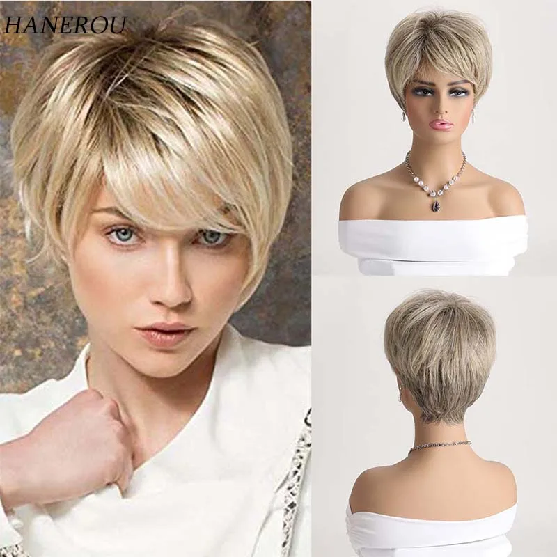 Women's Short Pixie Cut Mixed Light Gold Straight Wig Synthetic For White Lady Daily Wear High Tempreture Fiber 50pcs mixed anime neon light stickers decorative decals diy phone luggage laptop notebook water bottle scrapbooking kids toy c3