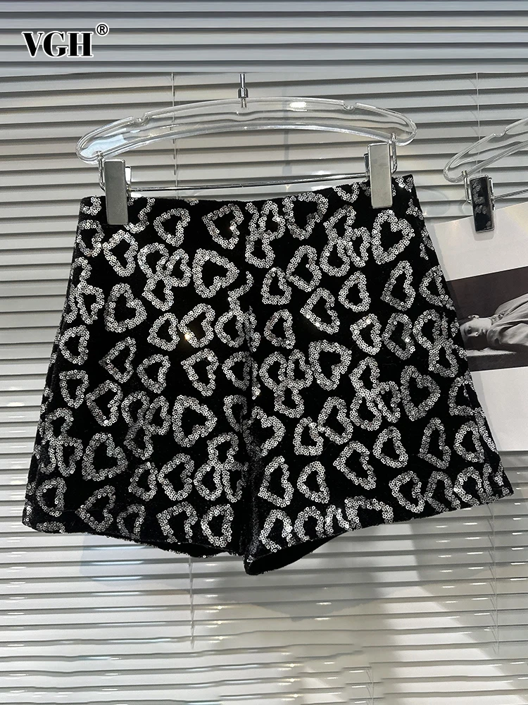 

VGH Solid Patchwork Sequins Velvet Shorts For Women High Waist Casual wide leg Short Pants Female Fashion Clothing New