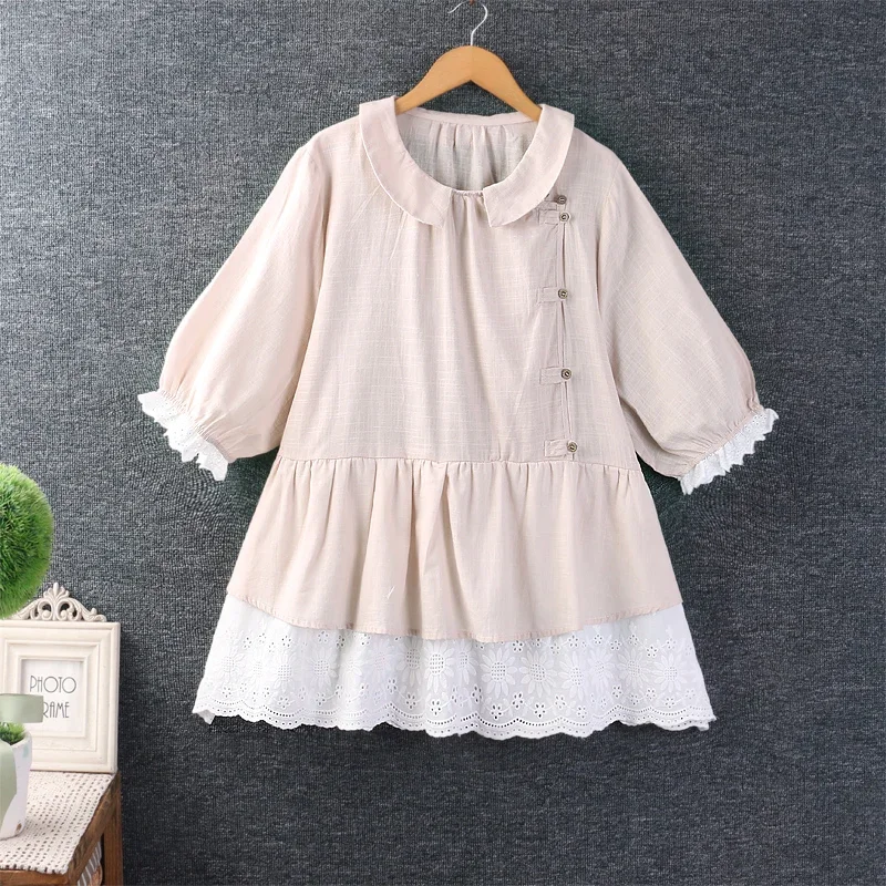 Summer Japan Style Mori Girl Lace Embroidery Cotton Linen Shirt Women Short Sleeve Kawaii Cute Peter Pan Collar Blouse Tops