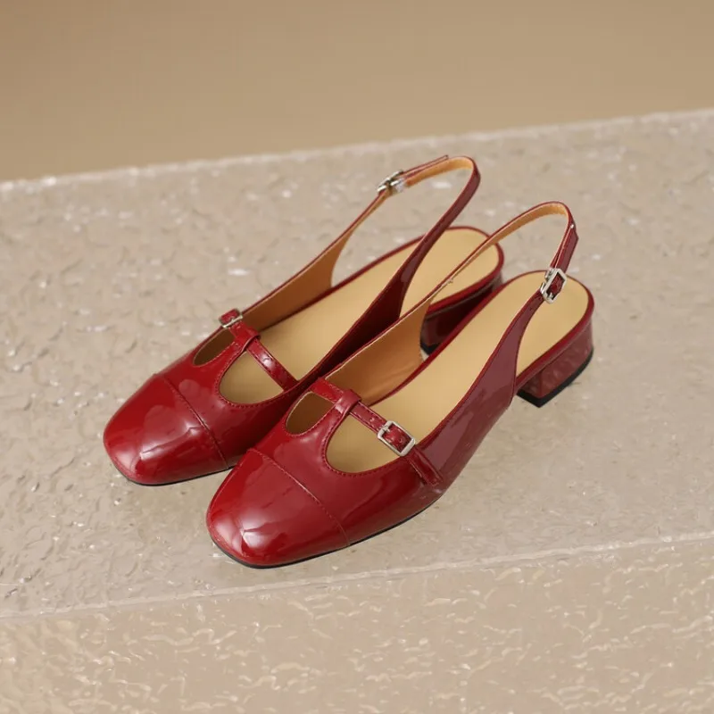 Genuine leather round toe Mary Jane sandals, retro thick heeled high heeled women's shoes