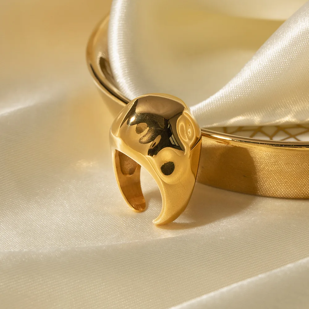 Gold Plated Metal Women Chunky Large Dome Rings Waterproof Stainless Stee Texture Wedding Finger Ring Anniversary Gifts Bijoux