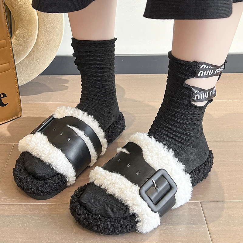 

Winter New Wool Flat Sole Women Slippers Peep Toe Hairy Fluffy Slip on Loafers Designer Shoes Warm Walk Flat Women's Slippers