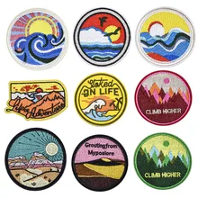 

Climb Higher Mountain Scenery Embroidered Cloth Sticker Sunset Dusk Desert Adhesive Iron on Patch Diy Clothes Hat Pants Badges