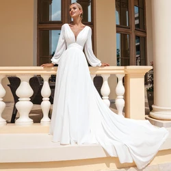 Classic Long Sleeves A Line Wedding Dress with Court Train and Pleats V Neck Chiffon Bridal Gowns Lace Up Back Vestido De Novia