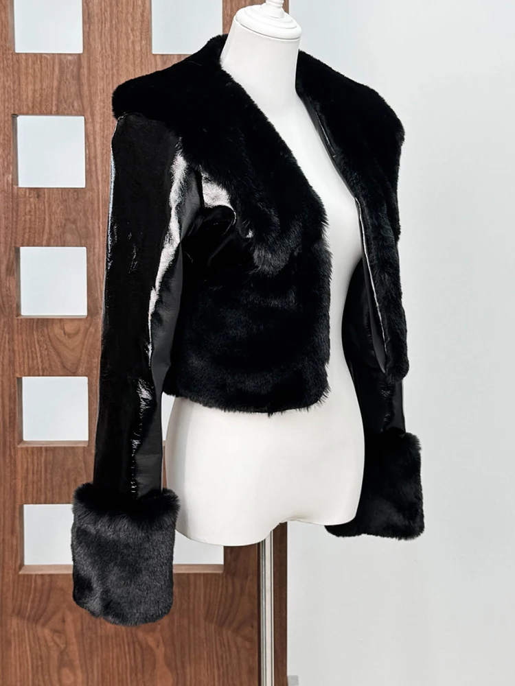 [EAM] Black Brief Short Slim Elegant Faux Fur Jacket New Lapel Long Sleeve Women Coat Fashion Tide Autumn Winter 2026 1DJ8957