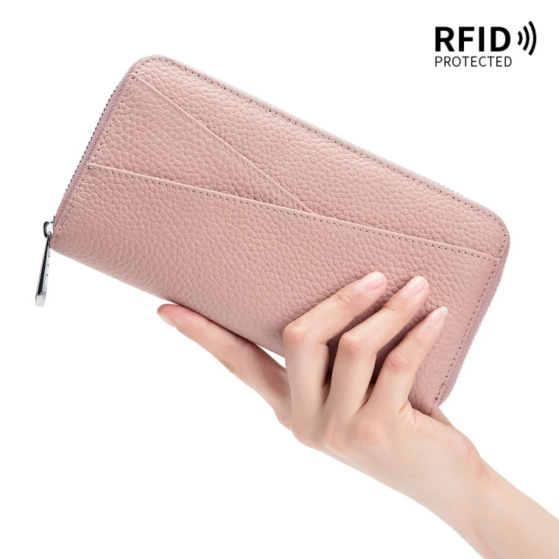 Genuine Leather Long Wallet for Women Large Capacity RFID Blocking Organizer with Multiple Card Slots and Zippered Coin Purse