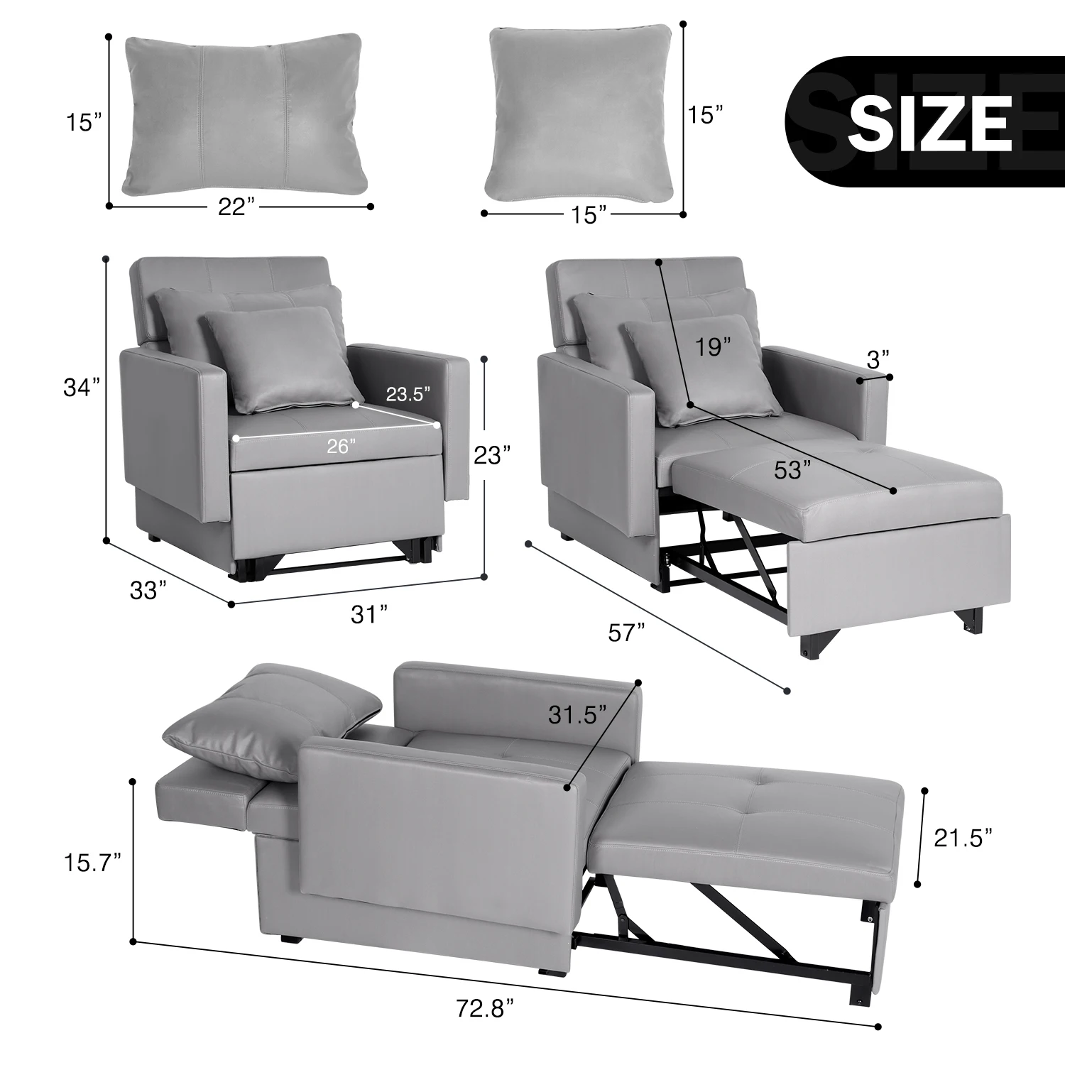 3-in-1 Convertible Sleep Chair Recliner Adjust Backrest Into a Sofa Bed Lounger Chair for Living Room