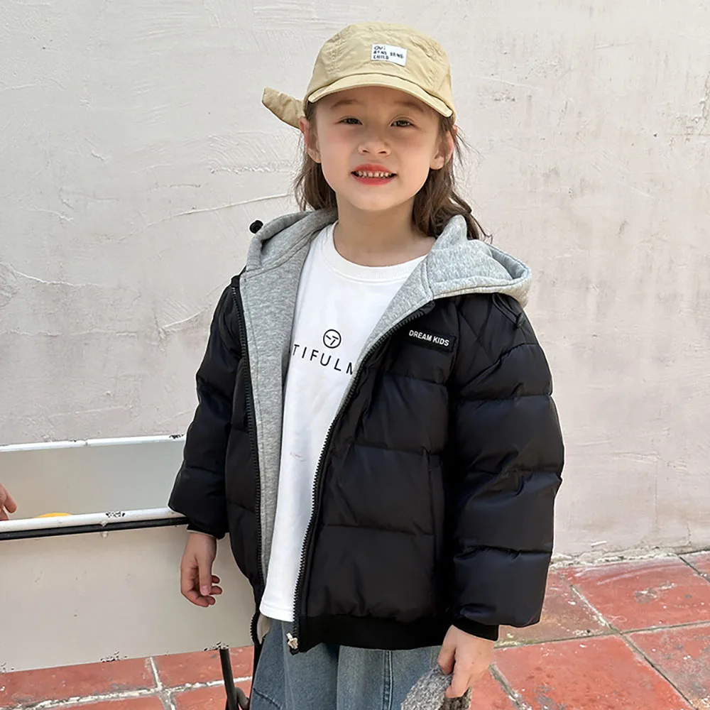 Children Down Coat For Winter Thick Warm Padded Clothes Solid Color Casual Hooded Coat Two-sides Use Boy's Girl's Down Jacket