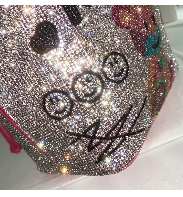 Graffiti Printing Cartoon Bear Bucket Bag Women's Handbag Crystal Shiny Rhinestone Diamond Evening Clutch Bag Party Bling Purse