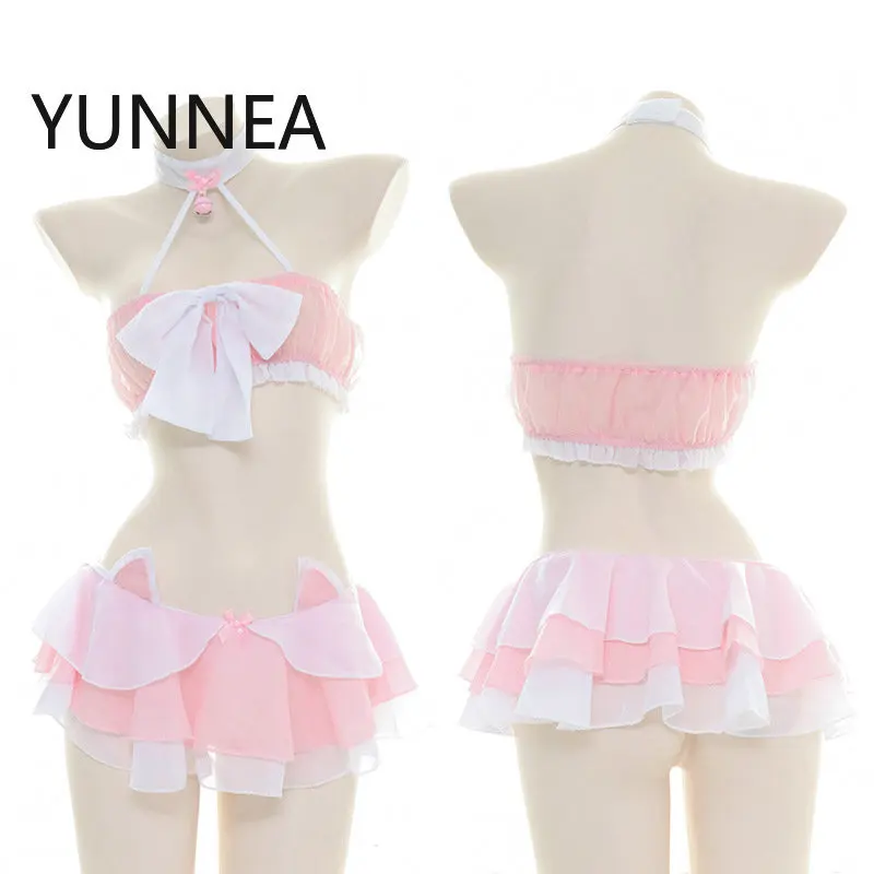 

Erotic Chiffon Bow Cat Suit Sexy Ultra-short Skirt Hanging Neck Pajamas Female Students Private Room Uniform Anime Cosplay
