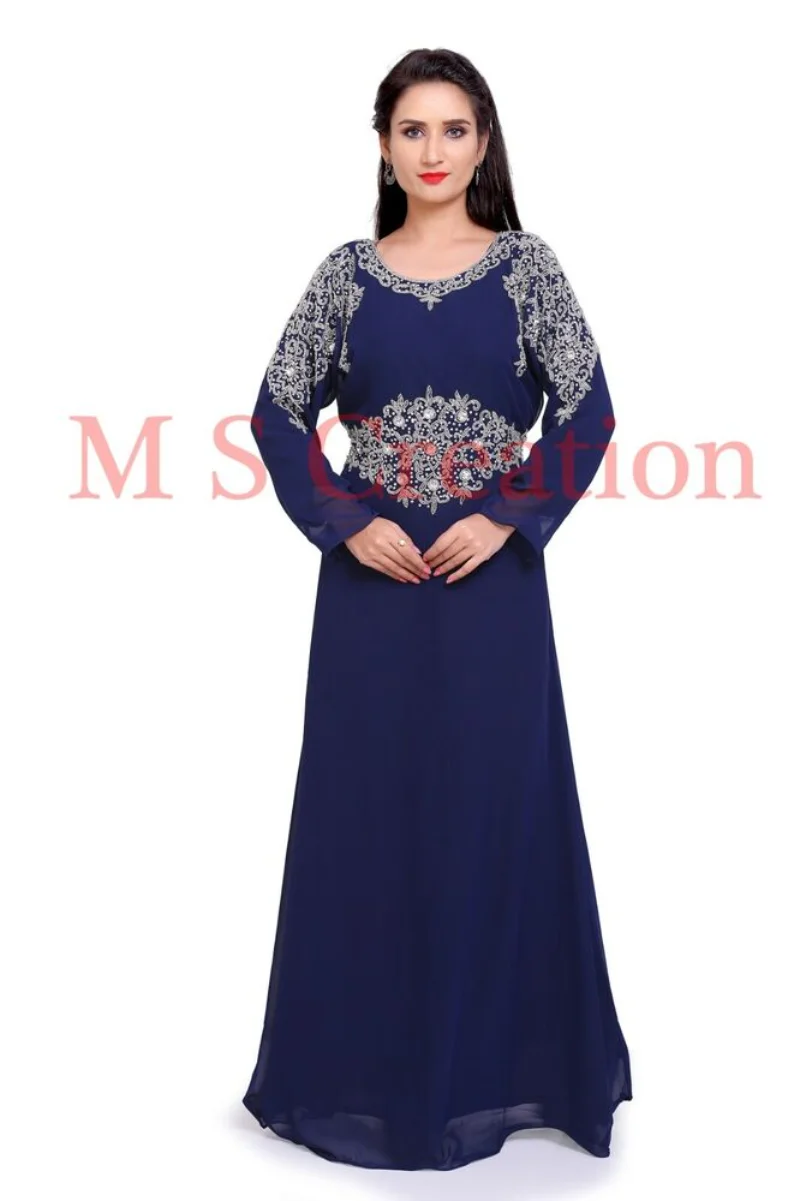 

Women Exquisite Long-sleeved Dress Moroccon Nave Blue Georgette Dubai Gown Farasha Robe Farasha