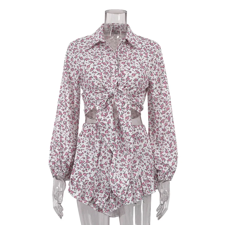 Printed Lace-Up 2 Piece-Set Shorts Outfits Female Lapel Contrast Patchwork Top Cardigan And High Waist Women's Shorts Sets