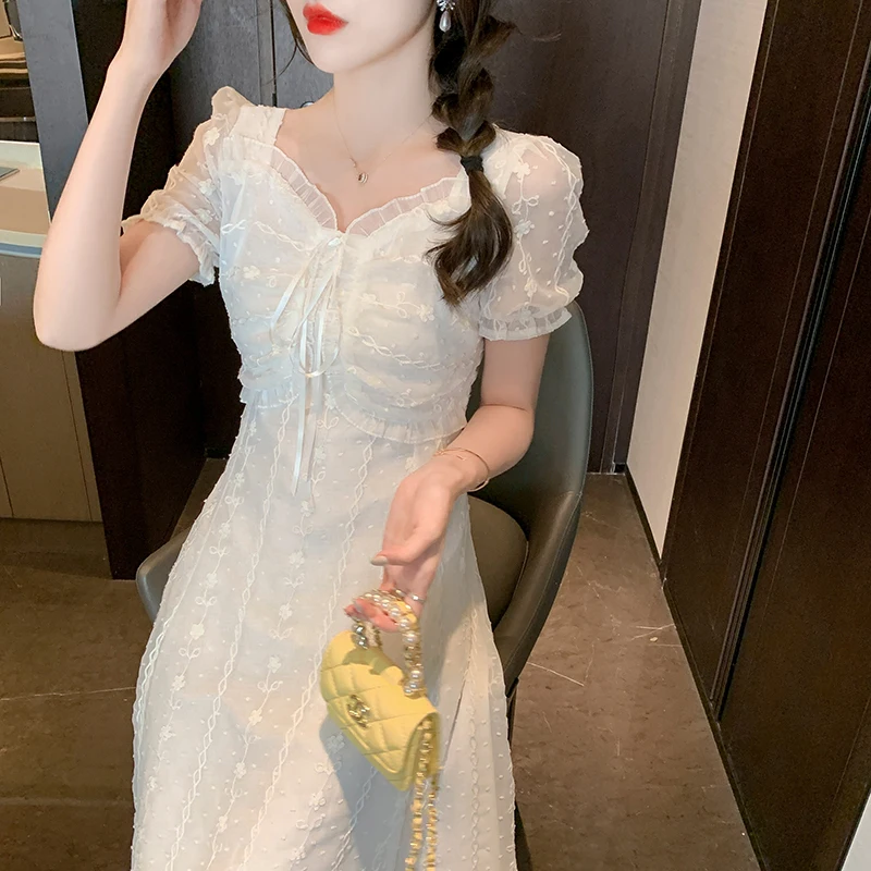 

Вечерние платья, Новинка лета 2022, шифоновое платье во французском стиле с квадратным вырезом и кружевом, на шнуровке, женское длинное ТРАПЕЦИЕВИДНОЕ ПЛАТЬЕ С Коротким Рукавом