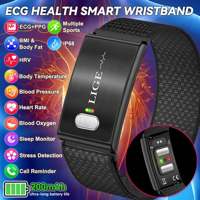ساعة ذكية LIGE 2026 بتقنية ECG+PPG للتمريض، تقيس معدل ضربات القلب ونسبة الدهون ومؤشر كتلة الجسم وضغط الدم ودرجة حرارة الجسم، ساعات رياضية صحية للرجال والنساء