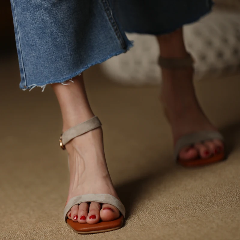 

Simple Design Summer Sandals Women Retro Shoes Buckle Strap French Style Sheepsuede Elegant Ladies Shoes