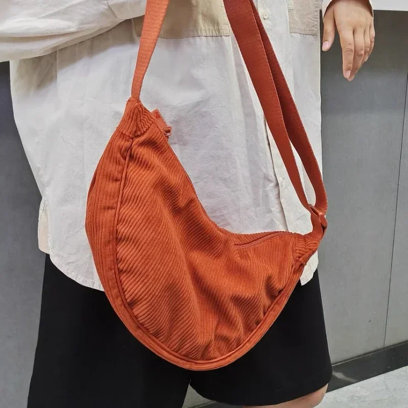 Simple Corduroy Women's Hobos Shoulder Bags Retro Solid