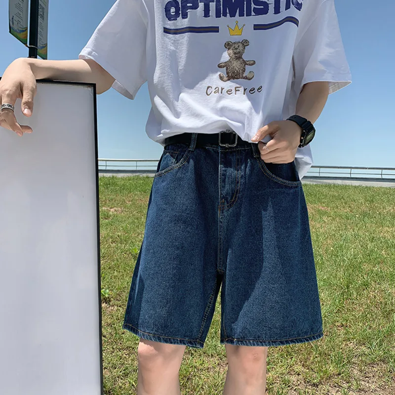 Summer Blue Denim Shorts Men Fashion Casual Straight Denim Shorts Men Streetwear Loose Hip Hop Retro Jeans M-2XL