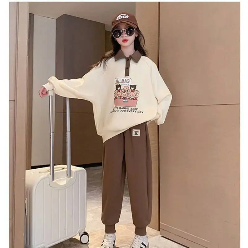 

New Teenage Girls Contrast Cartoon Shower Preppy Sweatshirt+Sweatpant Set School Kids Tracksuit Child Jogger Outfit 5-16 Years