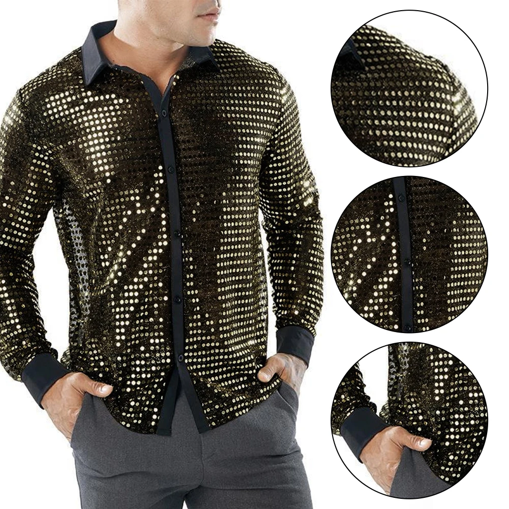 Men's Sparkly Sequins Shirts Long Sleeve Lapel Collar Party Dance Retro 70s Disco Nightclub Bling Tops Male Shirt