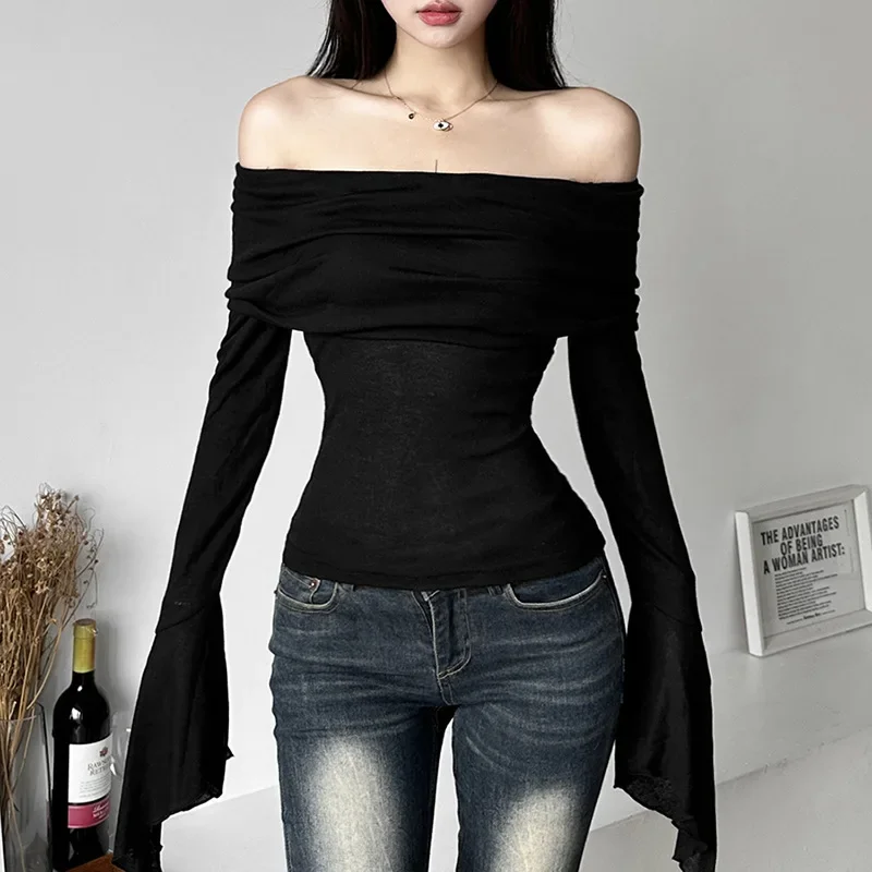 

Simple Fashion Women's Tee Shirts Slash Neck Long Sleeve Solid T-Shirts Korean Vintage Off Shoulder Blouses Y2k Women's Clothing