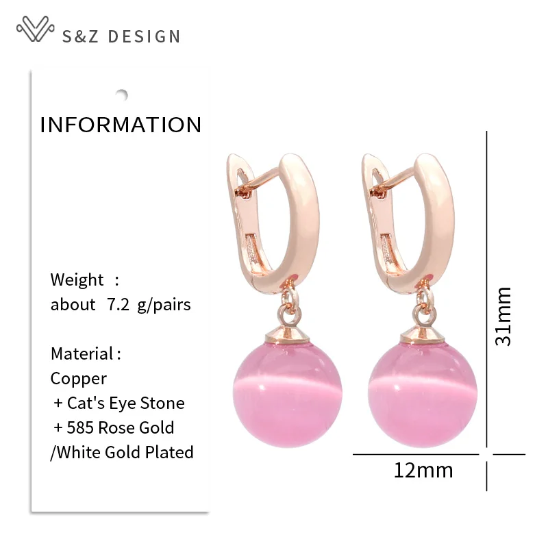 S&Z DESIGN New Fashion 585 Rose Gold Color Round Opals Cat's Eye Beads Drop Earrings For Women Wedding Party Trendy Jewelry