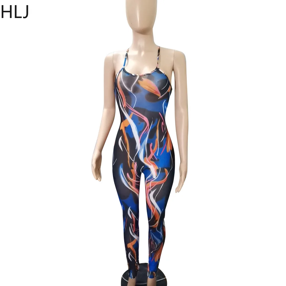 HLJ Sexy Meah Perspective Bodycon Jumpsuits Women Sleeveless Suspenders Slim Rompers Casual Printing Nightblub Clothing 2023 New