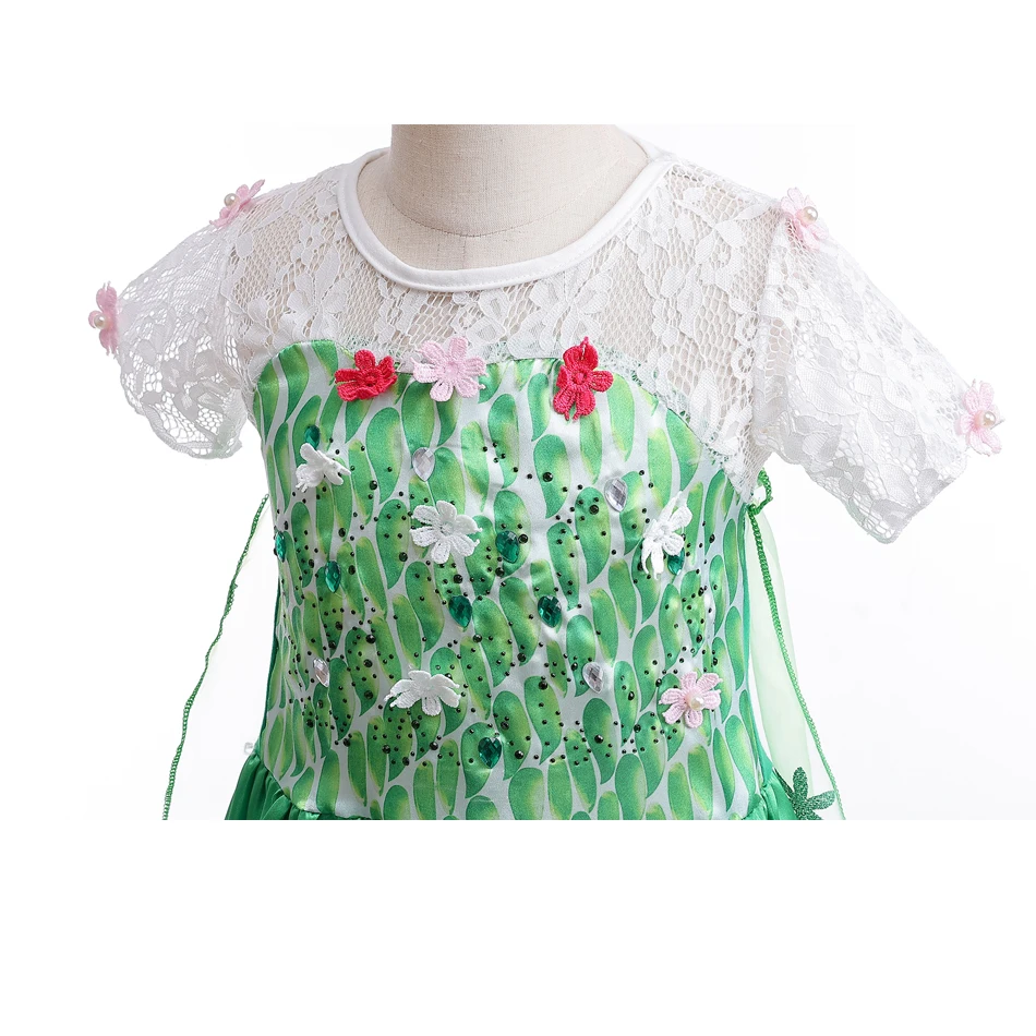 Elsa Green Dress for Kids Girl Princess Costume Dresses Children Long Cloak Floral Lace Ball Gown Summer