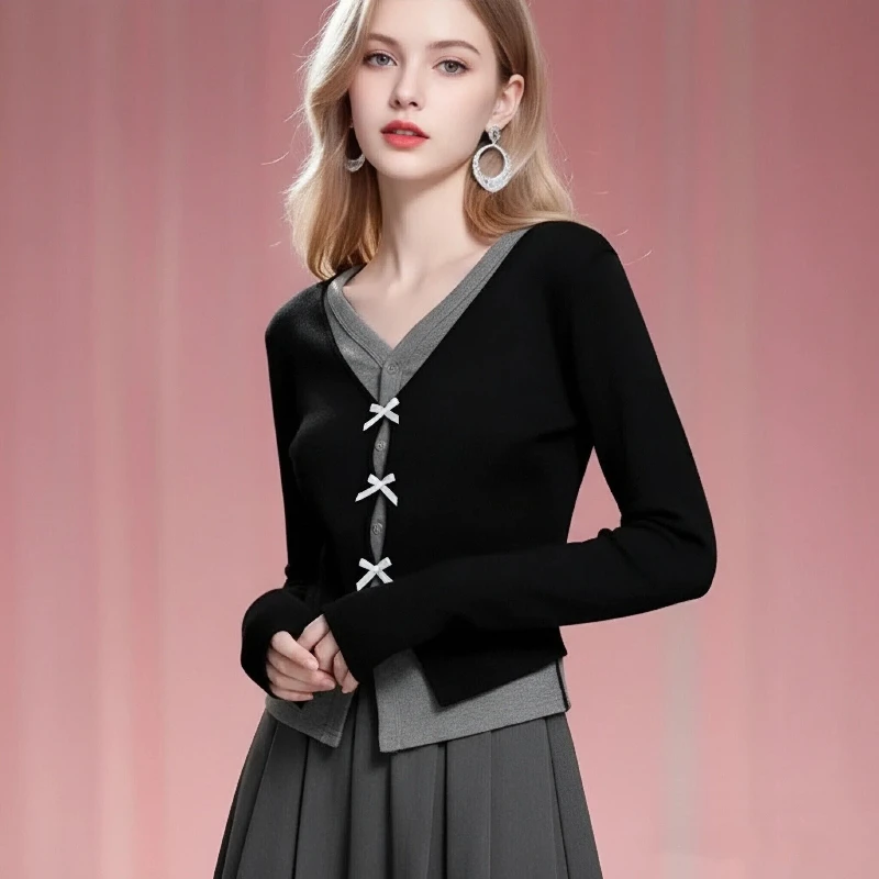 New Women's Fake Two-piece Bow Decorative Long-sleeved T-shirt Retro Casual Single-breasted Top