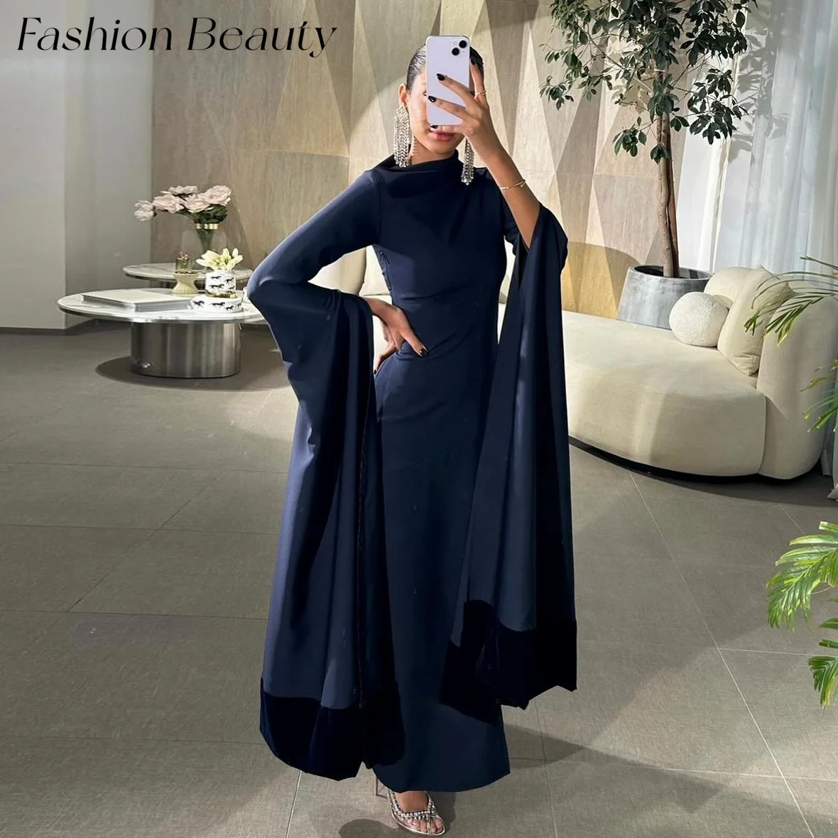 

Fashion Beauty Navy Blue Saudi Evening Dresses Long Sleeves Floor-Length Simple Elegant Dress For Women 2024 vestidos de fiesta