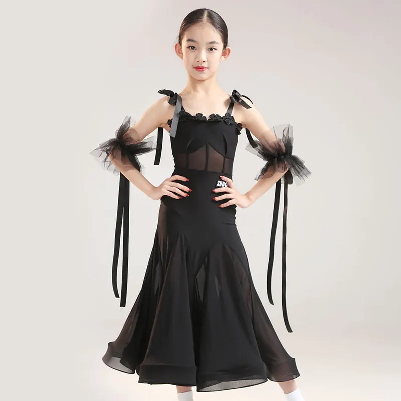 

Children Ballroom Dancing Clothes Black Sleeveless Dresses Tango Standard Dancing Costume Girls Waltz Competition Dress VDB8043