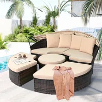 Patio Furniture Outdoor Round Daybed with Retractable Canopy Wicker Rattan Separated Seating Sectional Sofa for Patio Lawn 1