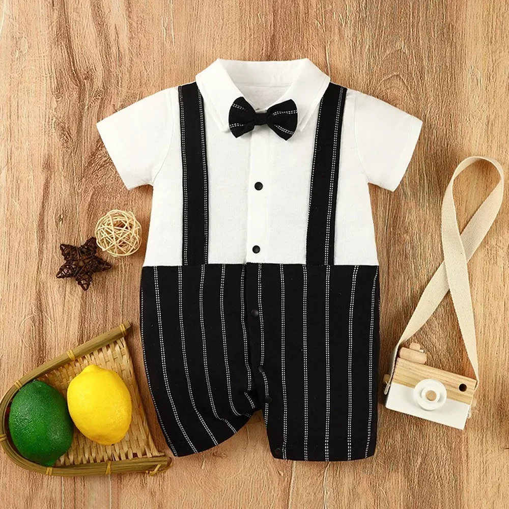 

Baby Boy One-pieces Bodysuits Romper Gentleman Striped Lapel Suspender Romper Suit Baby Summer Jumpsuit Birthday Photograph