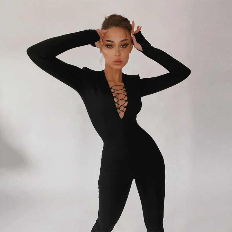 Solid V Neck Fashion Long Sleeves Shoulder Bodycon Jumpsuit 2023 Autumn Winter Women Fashion Elegant Club Y2K Sport Bodysuit