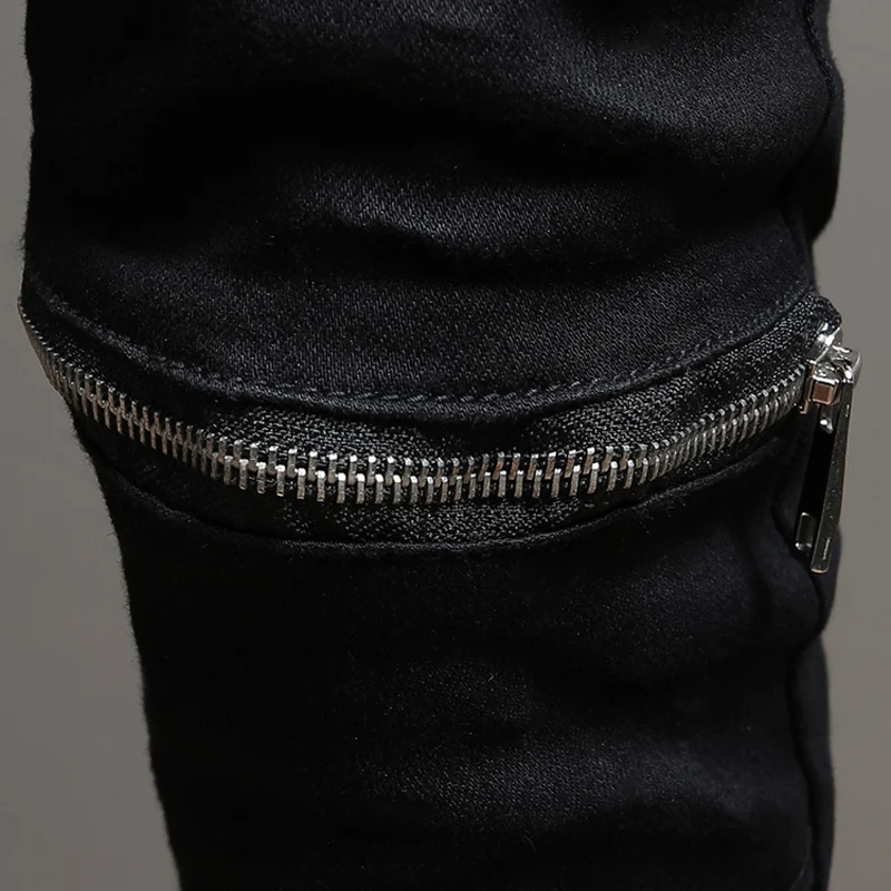 Street Fashion Men Jeans Stretch Elastic Slim Fit Spliced Designer Biker Jeans Men Black Trousers Zipper Hip Hop Pants Hombre