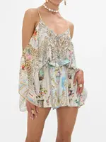 Women Crystal Beaded Jumpsuit Leopard Flower Print Off-Shoulder V-Neck High Waist Elegant Ladies 100% Silk Jumpsuit