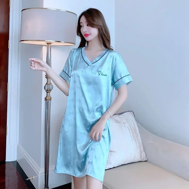 2024 Summer Short Sleeve Sexy Lingerie V-neck Silk Satin Print Nightgowns for Women Sleepwear Nightdress Night Dress Home Nighty