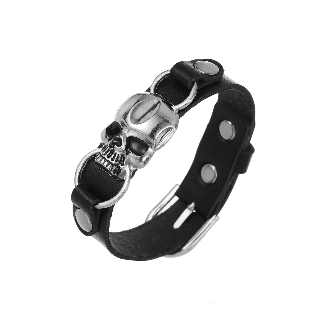 Trend Vintage Black Leather Bracelet Adjustable Size Retro Skull Shape Braceletfor Men's Daily Wear 6