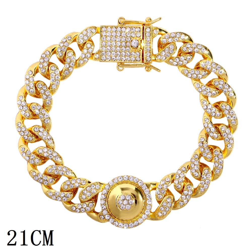 New Fashion Luxury 12mm Iced Out Cuban Link Chain Bracelet for Women Men Gold Silver Color Bling Rhinestone Bracelet Jewelry 