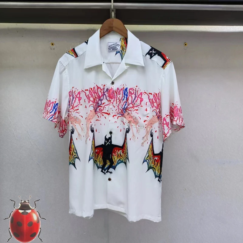 

2024 Limited Y2k Bat Demon Graffiti Print Shirt Summer Men Women High Qualty Oversize Hawaii Beach Short Sleeve T-shirt