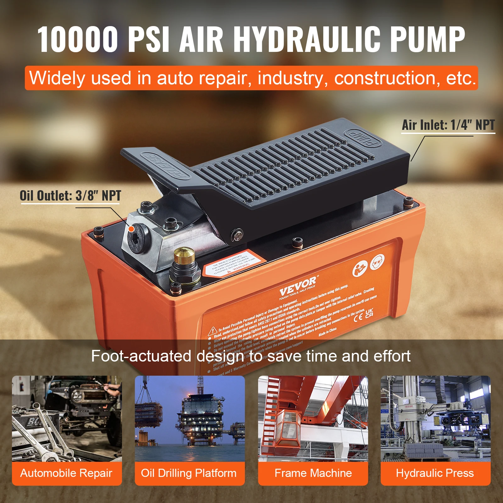 VEVOR Air Hydraulic Pump 10,000 PSI 1/2 Gal Reservoir Foot Actuated Air Treadle for Auto Body Frame Machines and Pulling Post 6