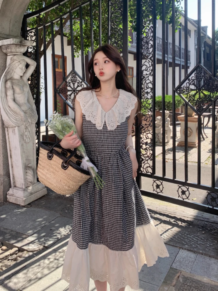 

Deeptown Korean Fashion Midi Plaid Dress Women Vintage Preppy Style Sweet Cute Peter Pan Collar Ruched Sleeveless Loose Dresses