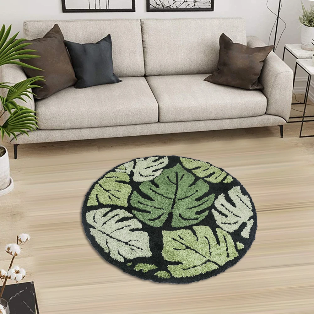 녹색 식물 Monstera Tufted 깔개 지역 깔개 라운드 열대 잎 플러시 깔개 거실 욕실 홈 푹신한 Boho 목욕 매트