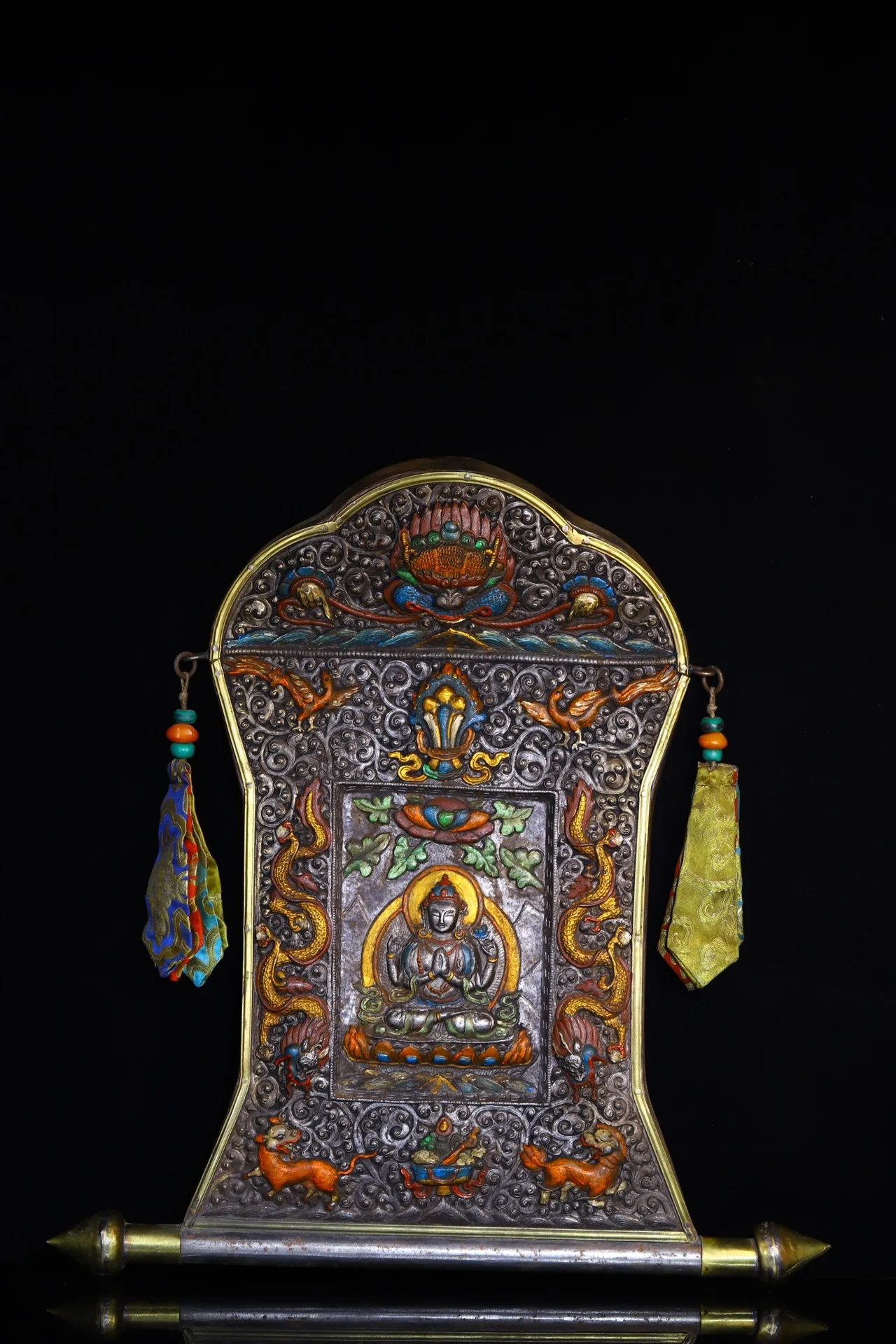 

19"Tibetan Temple Collection Old Tiantie Tracing Mosaic Gem Four-armed Guanyin Buddha Thangka Mandala Hang Screen Worship Hall