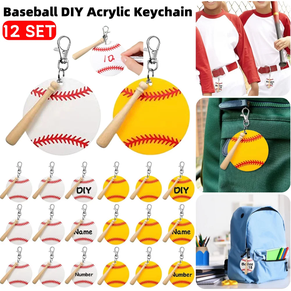 12Set Baseball Keychain Blanks Kit with Mini Baseball Bat Sports DIY Keychain for DIY Crafting Sports Party Favor Goodie Bags