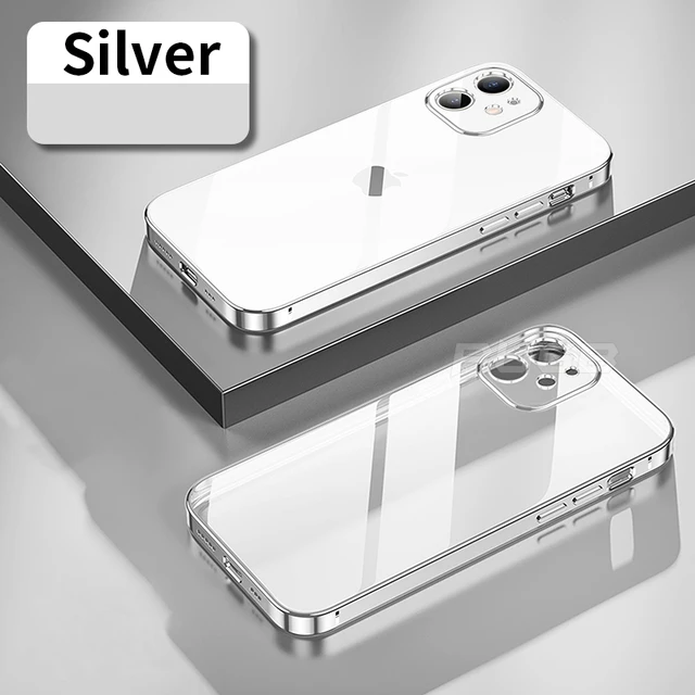 Luxury Soft Silicone Case for iPhone 13 12 11 Pro Max mini XR X XS Plating Square Frame Shockproof camera protect Clear TPU case Silver