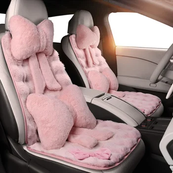 Winter Plush Car Seat Cover Bowknot Fashion Cute Women's Automotive Interior Protector Steering Wheel Warm Cushion Car Pillow 1