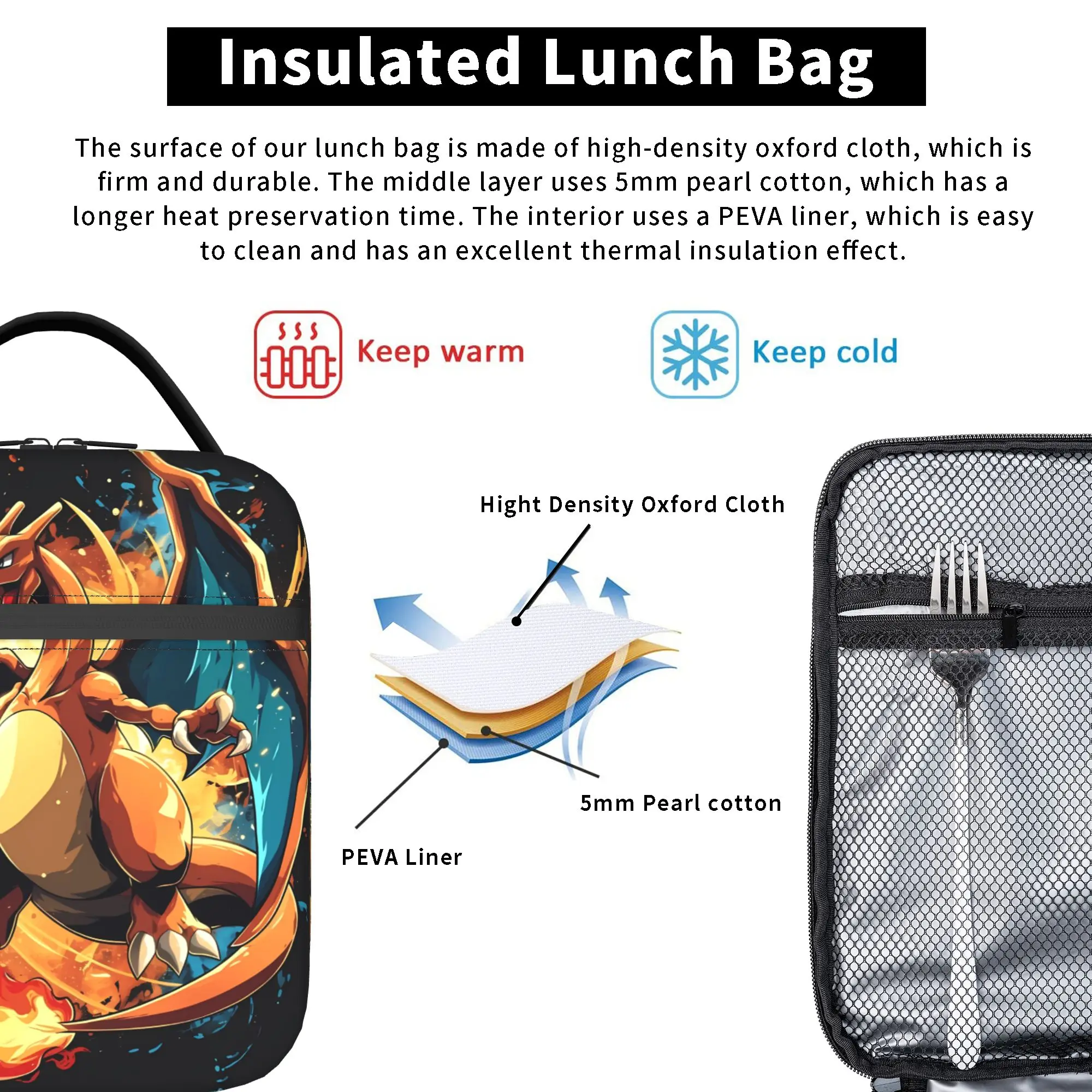 Charizard Battle Pose Anime Aesthetic Lunch Bag - Portable Oxford Cooler Box for Kids and Office