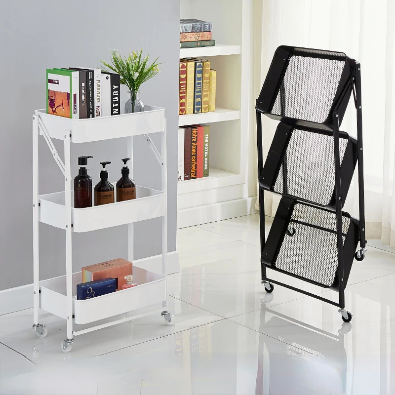 

Heavy Duty Foldable Metal Rolling Rack Cart 3 Tier Storage Organizer Shelves with Wheels Basket Trolley for Kitchen Bathroom