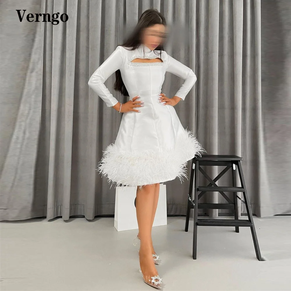 

Verngo White Satin Long Sleeves Prom Dresses High Neck Beads Feathers Hem Skirt A Line Knee Length Cocktail Dress Party Gown
